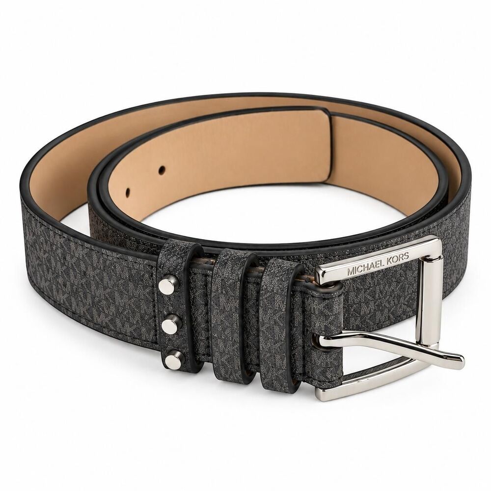 Michael Kors Mens MK Logo Belt Black Grey Buckle Synthetic Size L